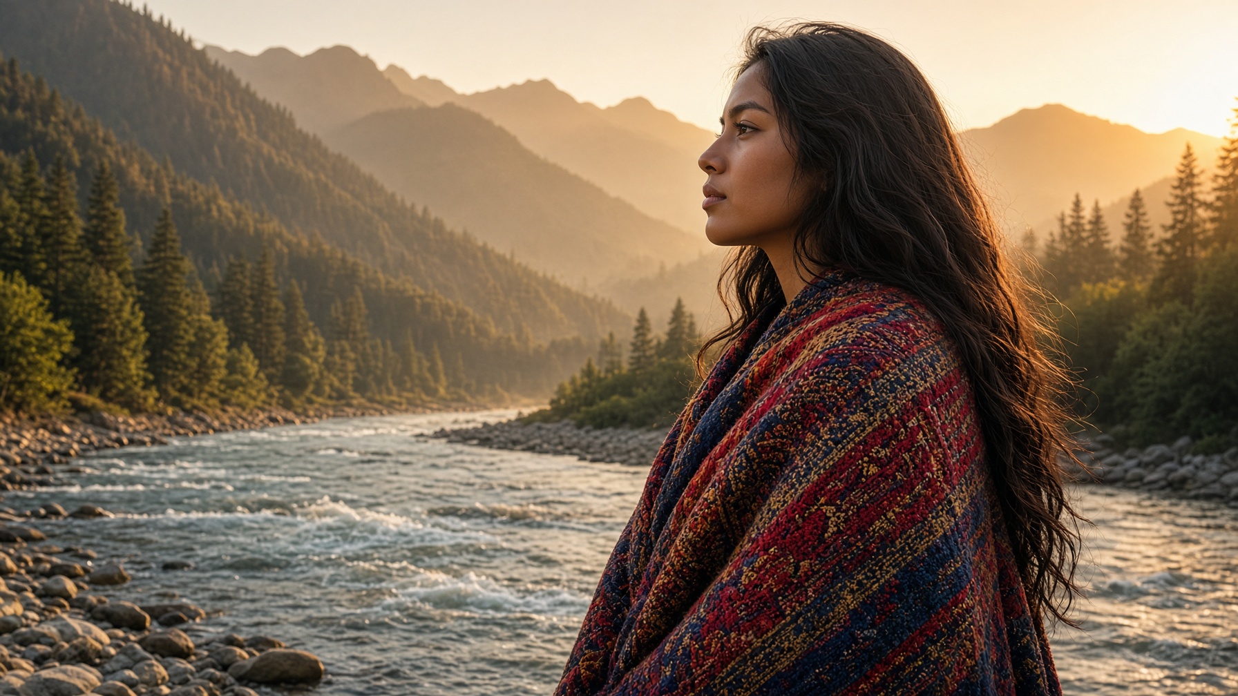AI-generated illustration of a woman beside a mountain river at sunset. Not a photograph of a real person.